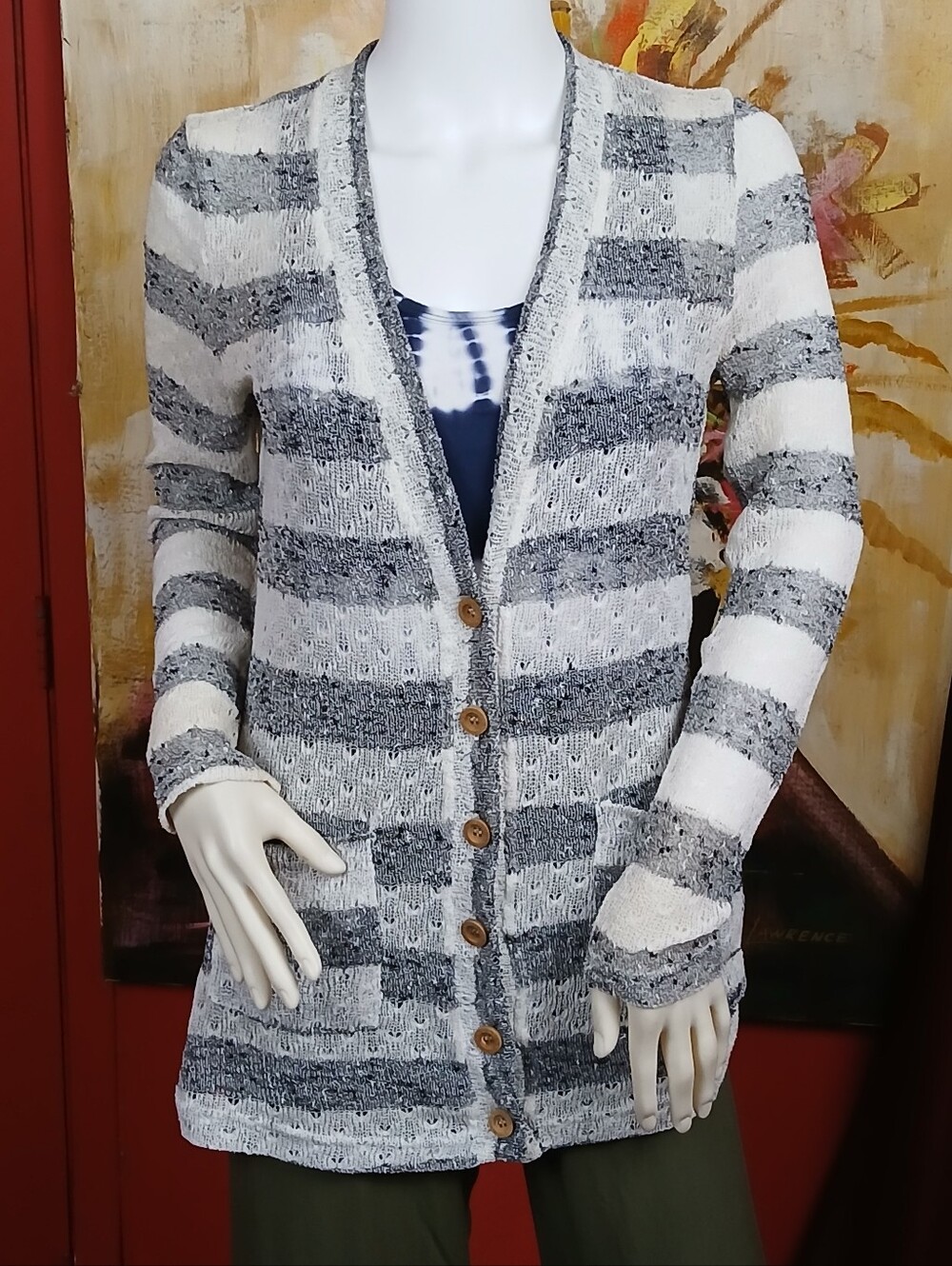 Cecico Striped Open Knit Button Front Cardigan Size Medium